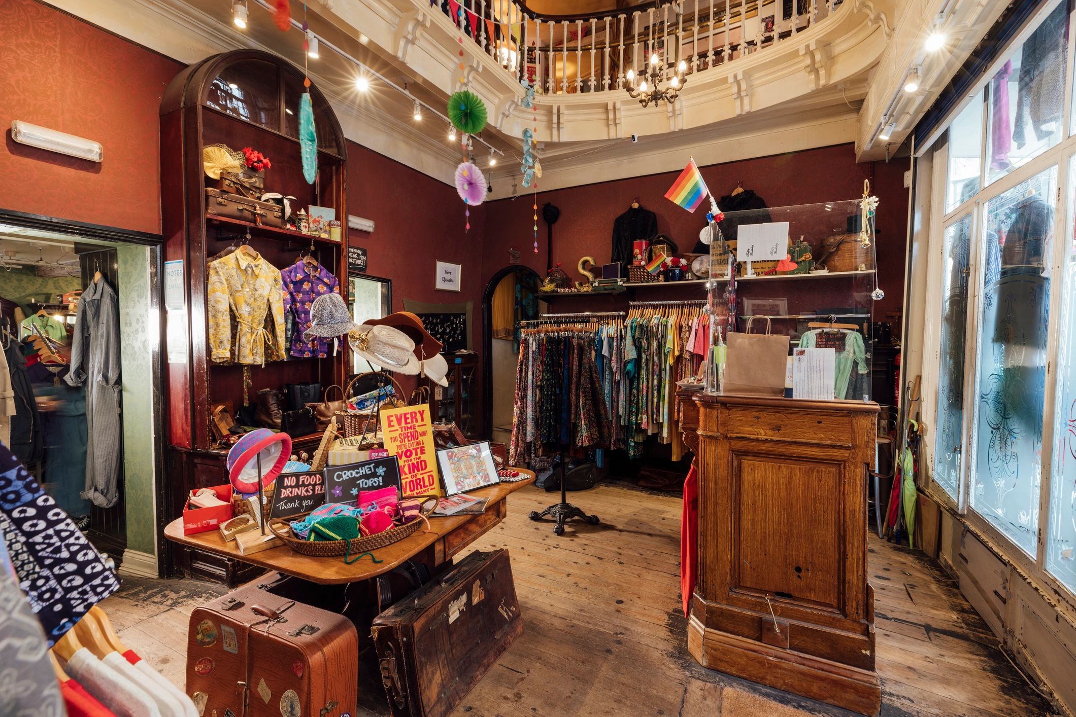 Cozy shop shelves and warm interior lighting